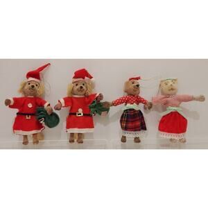Vtg W. Germany Mr. And Mrs. Claus Dog/Cat Flocked Christmas Ornaments Set Of 4